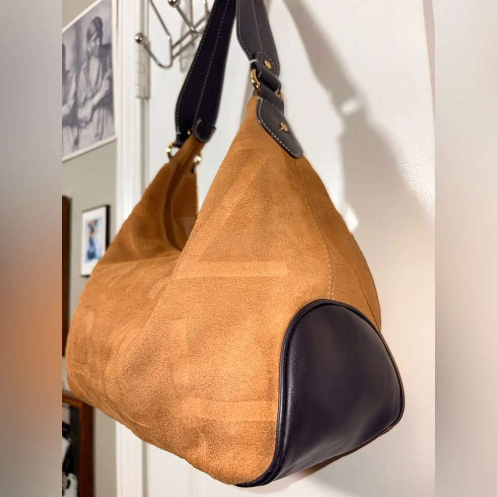 Isaac Mizrahi Brown Suede Logo Hobo Shoulder Bag Y2K